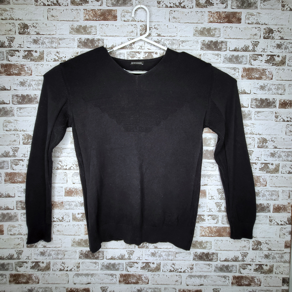 Emporio Armani navy V-neck sweater with eagle logo knit (Men's Size XL)