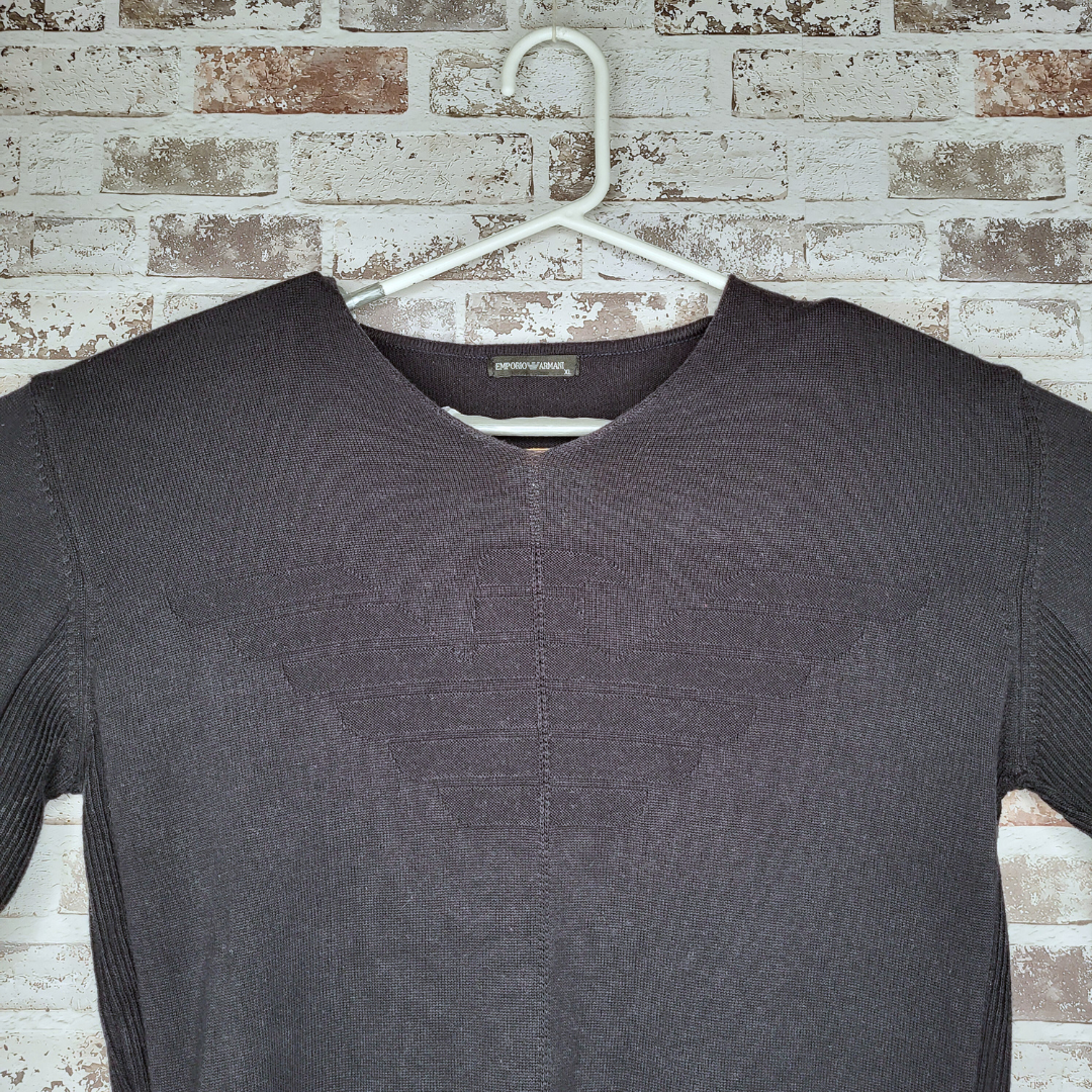 Emporio Armani navy V-neck sweater with eagle logo knit (Men's Size XL)