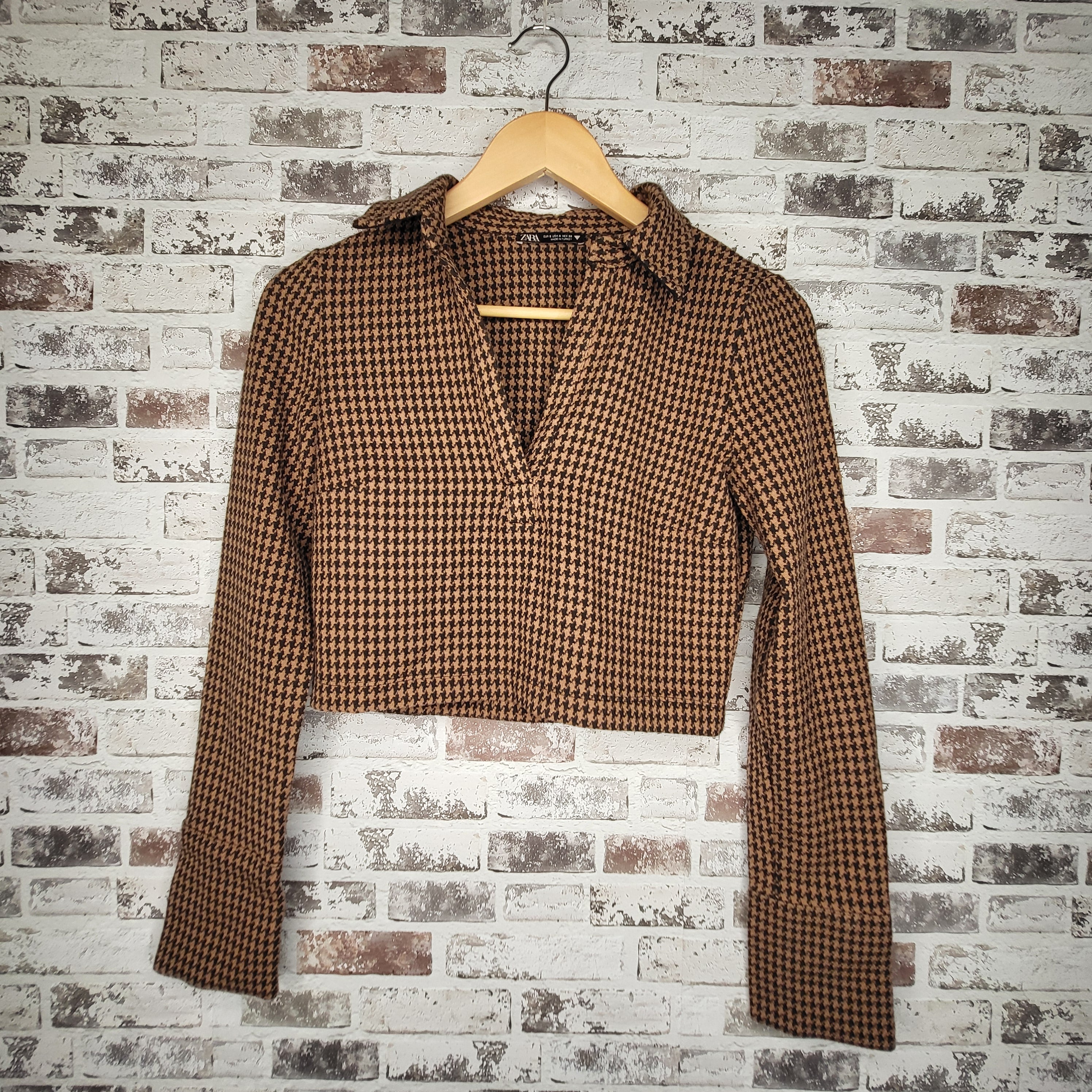 Zara houndstooth cropped collared top (Women's Size S)