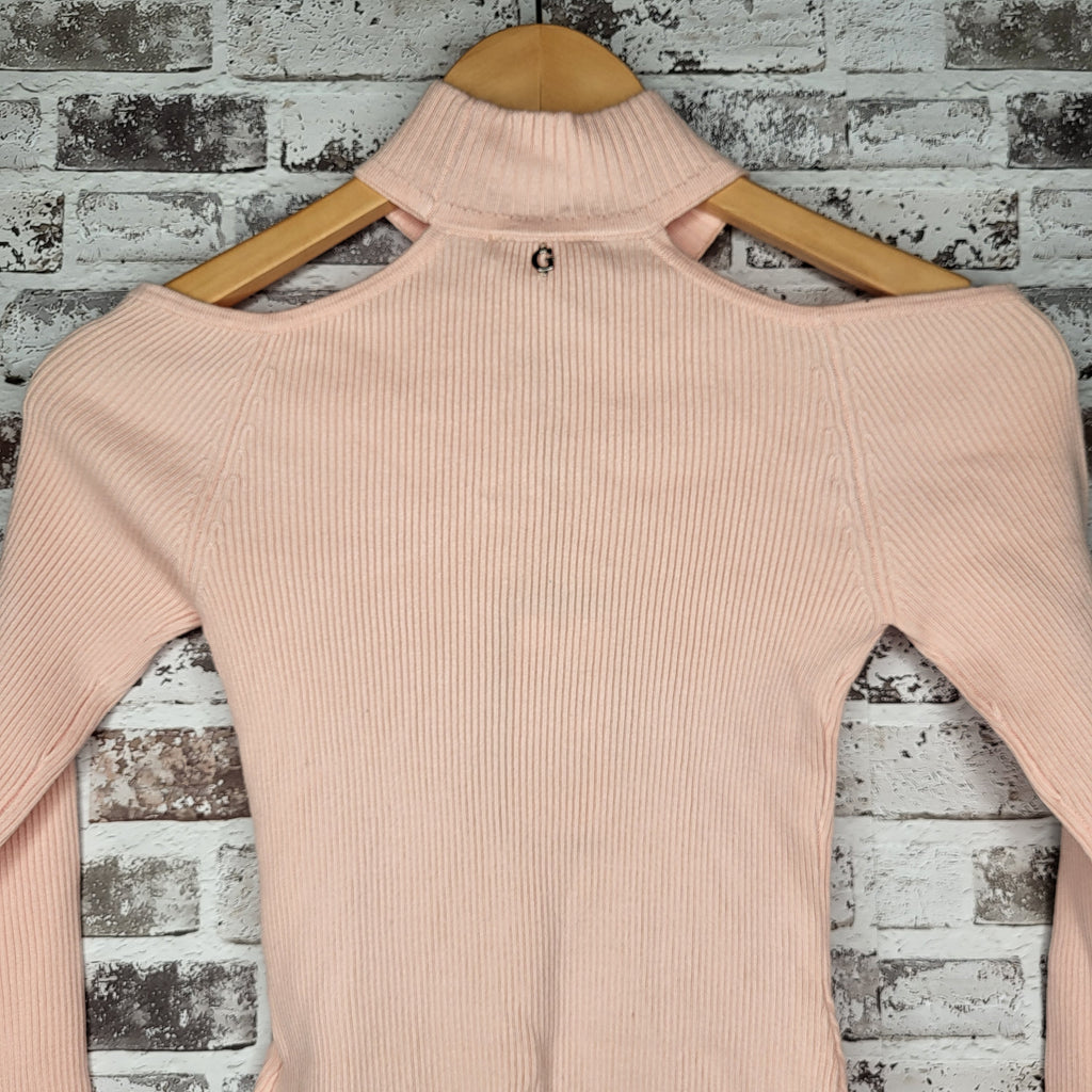 GUESS light pink cold-shoulder ribbed bodysuit (Women's Size S)