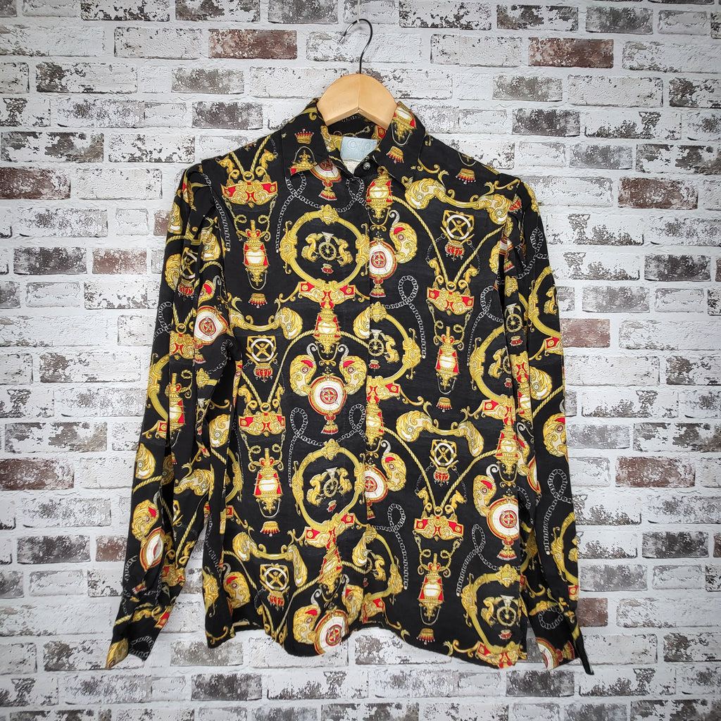 COMO Studio Black Gold Baroque Chain Print Button-Up Shirt (Women's Size 4 or Size S)