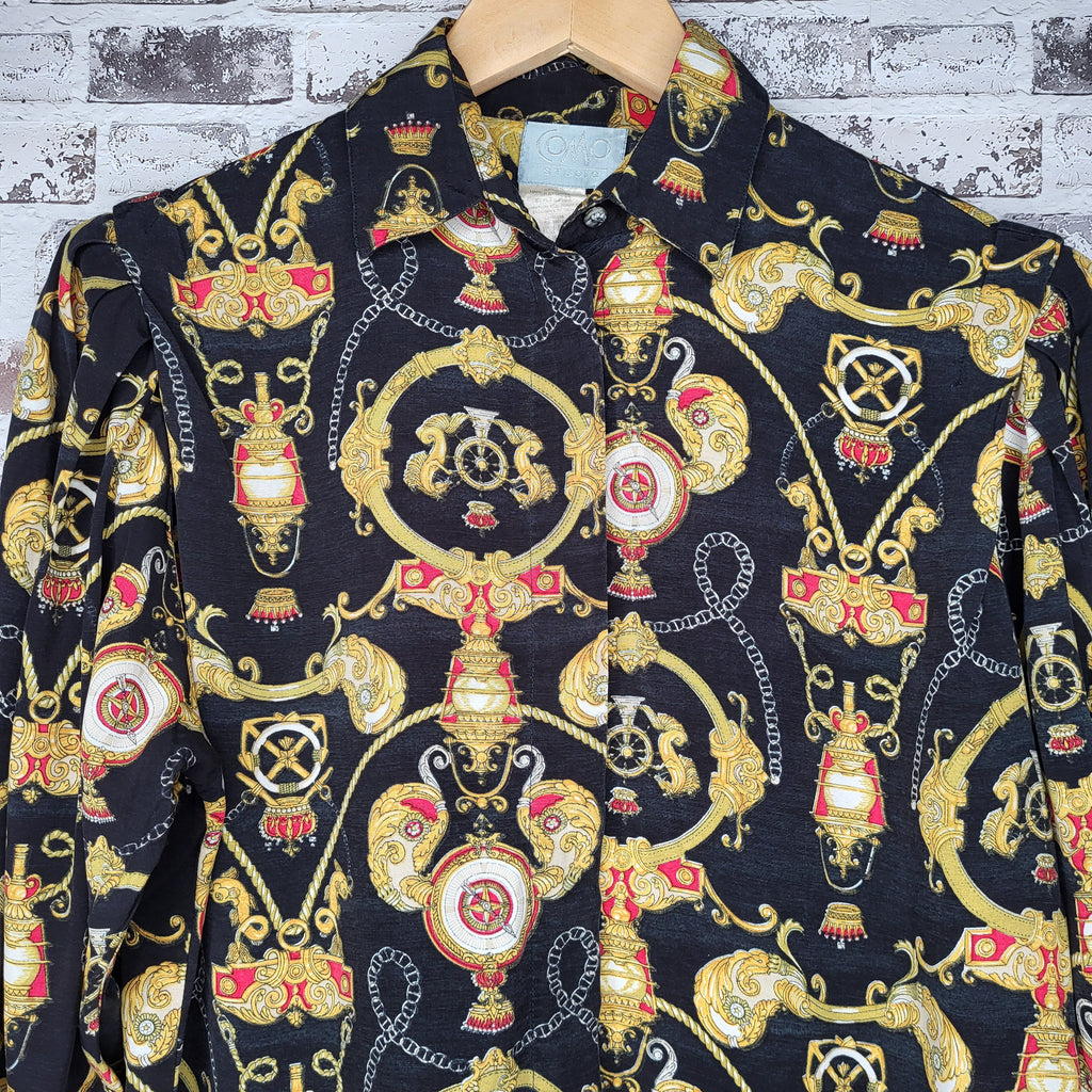 COMO Studio Black Gold Baroque Chain Print Button-Up Shirt (Women's Size 4 or Size S)