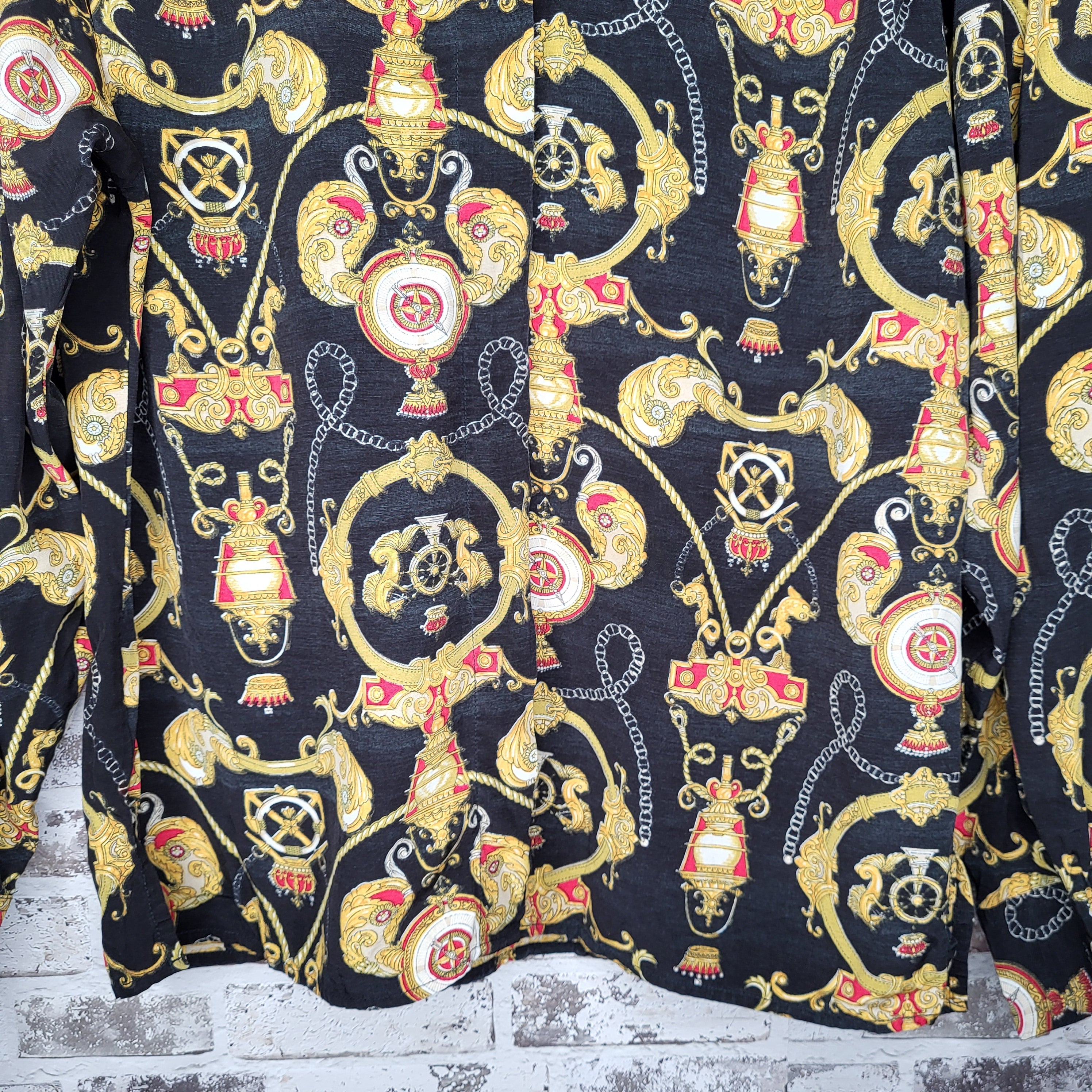 COMO Studio Black Gold Baroque Chain Print Button-Up Shirt (Women's Size 4 or Size S)