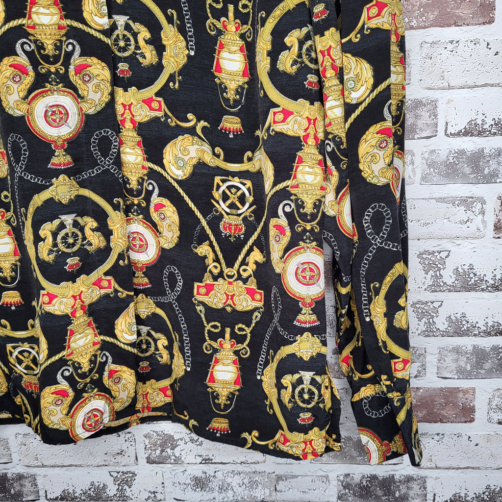 COMO Studio Black Gold Baroque Chain Print Button-Up Shirt (Women's Size 4 or Size S)
