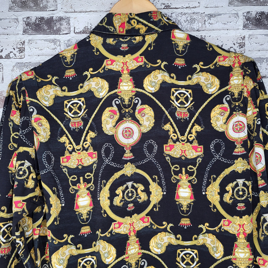COMO Studio Black Gold Baroque Chain Print Button-Up Shirt (Women's Size 4 or Size S)