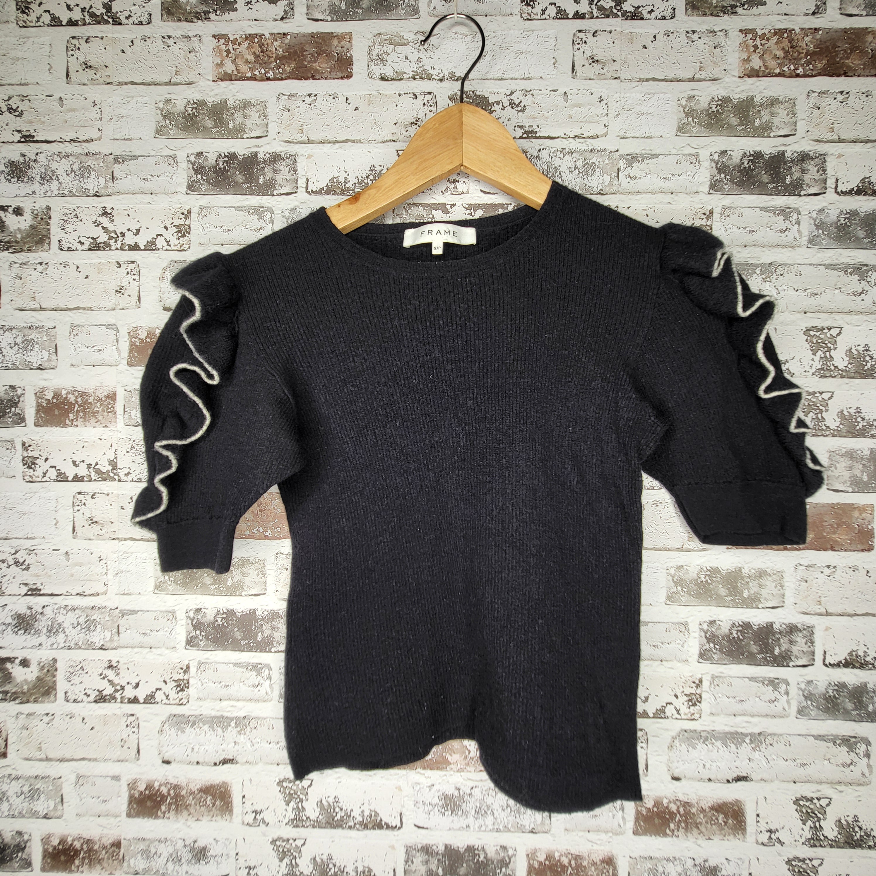 Frame navy ruffle sleeve wool sweater (Women's Size S)