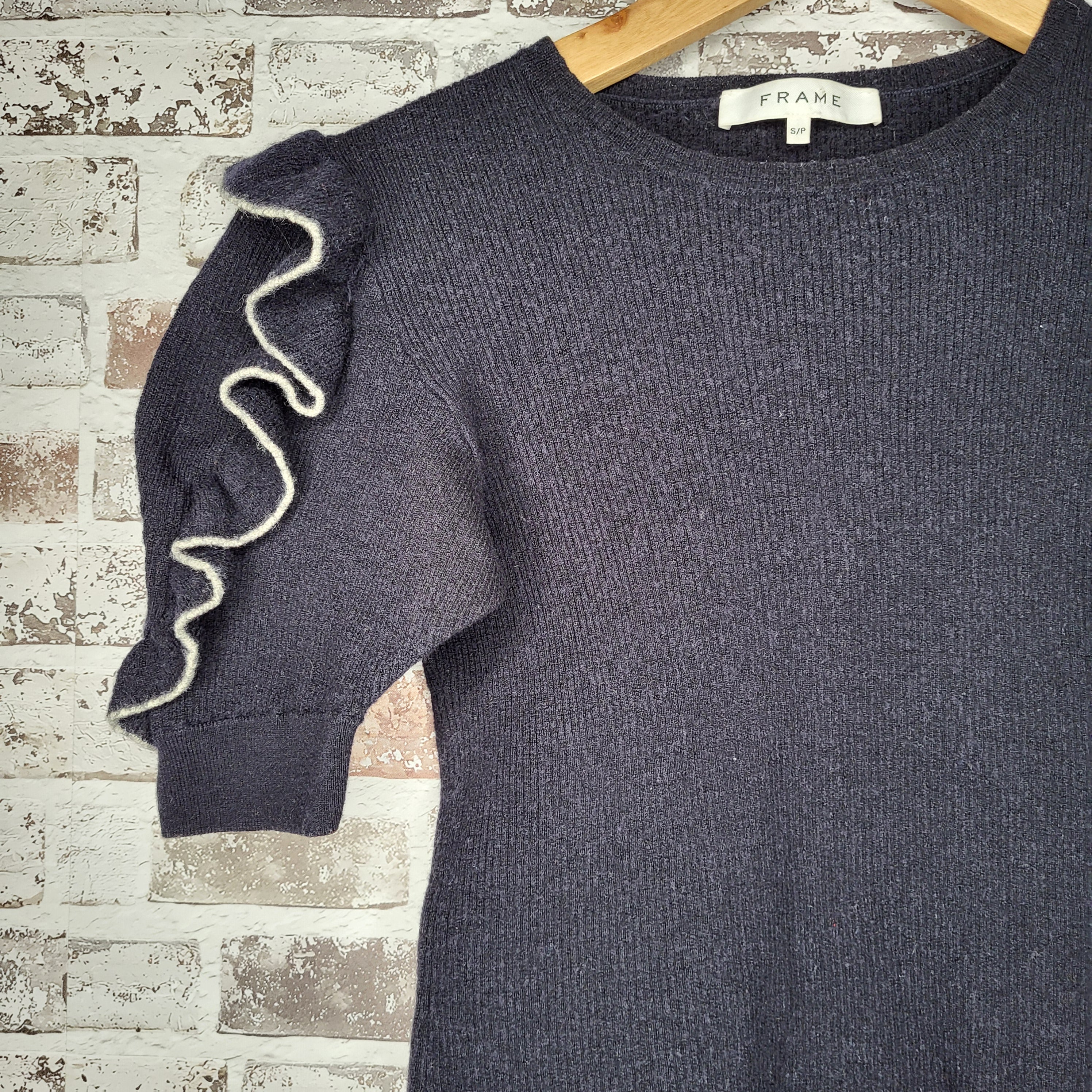 Frame navy ruffle sleeve wool sweater (Women's Size S)
