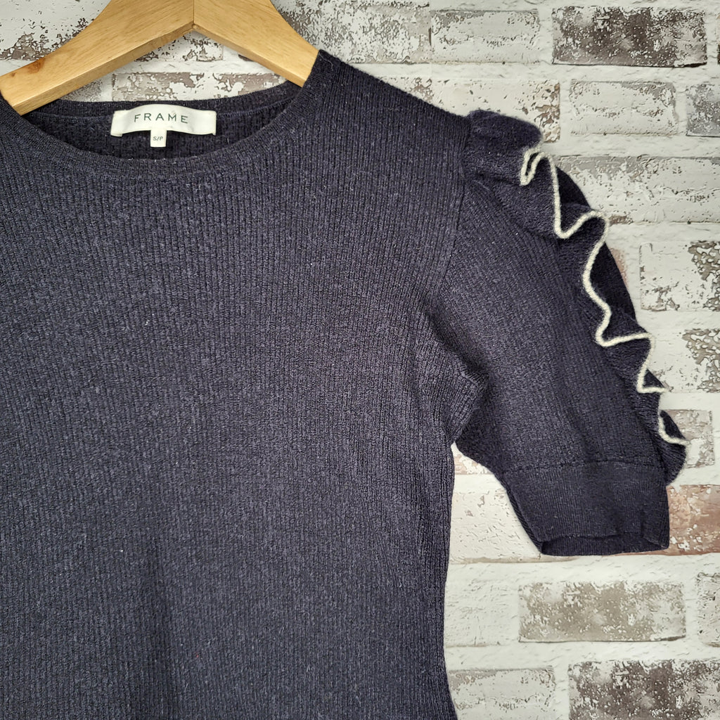 Frame navy ruffle sleeve wool sweater (Women's Size S)
