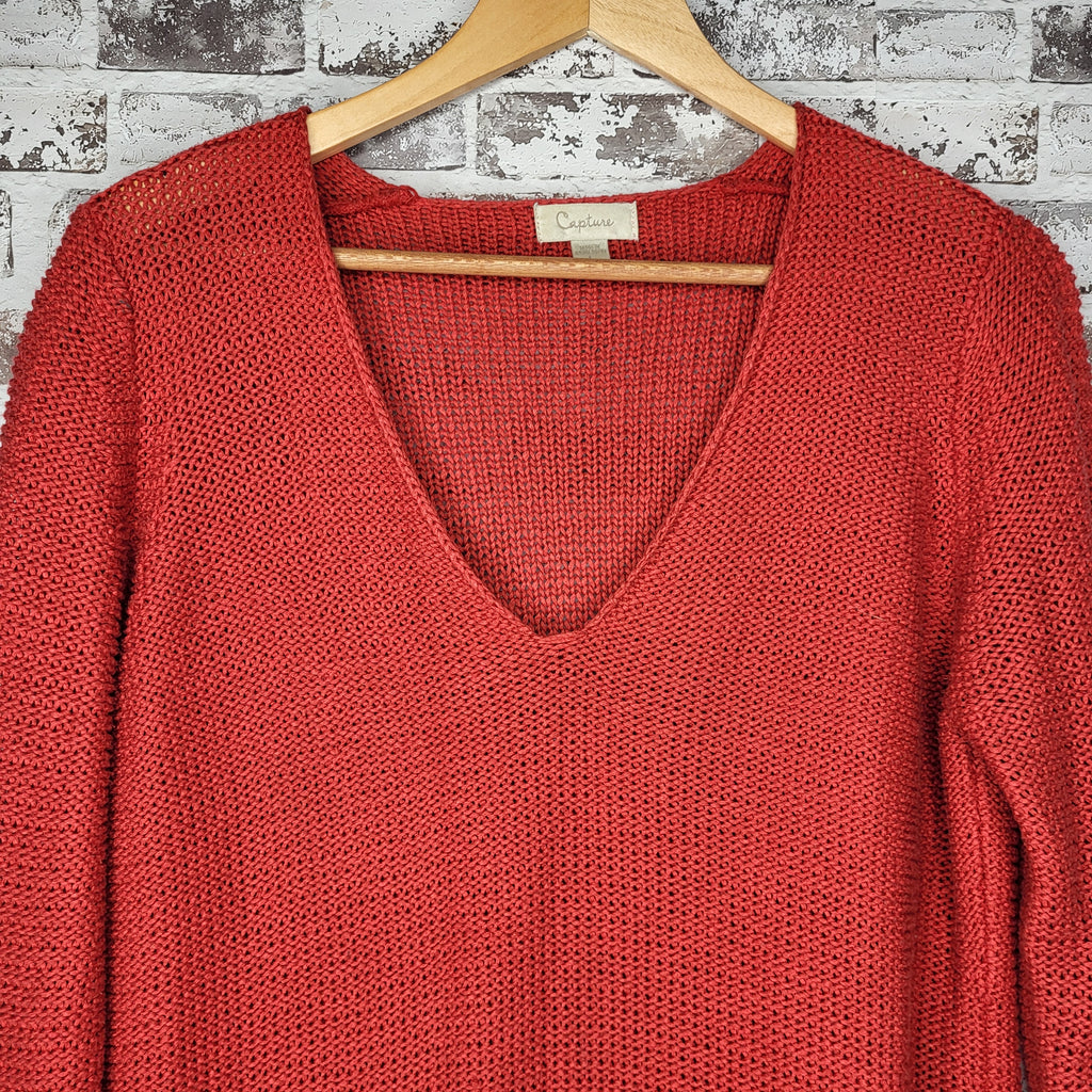 Capture rust open knit V-neck sweater (Women's Size L)