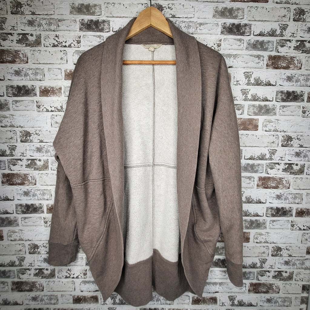 Banana Republic Taupe Mixed Media Open-Front Cardigan (Women's Size L)