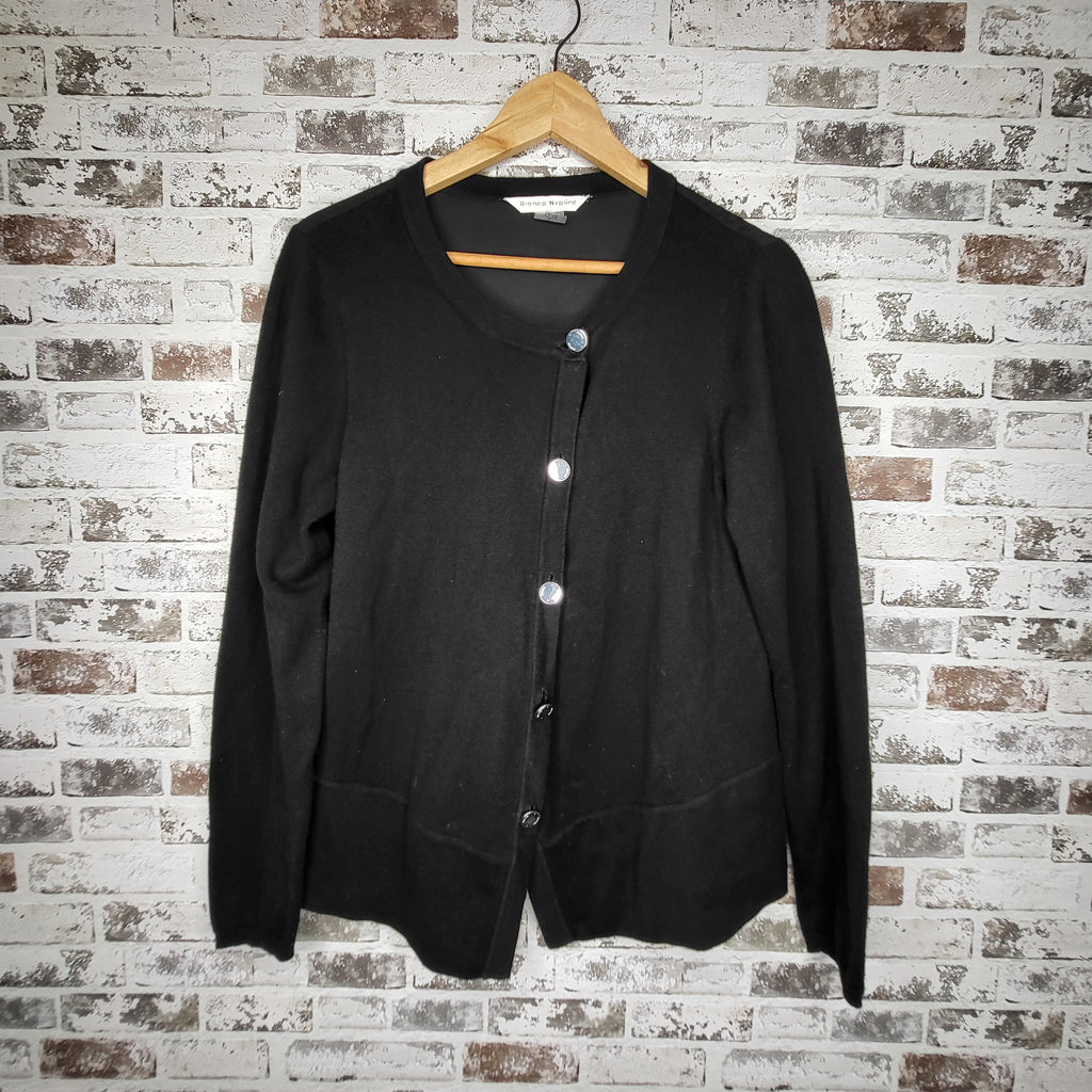 Bianca Nygård Black Mixed Media Button-Front Cardigan (Women's Size L / 14-16)