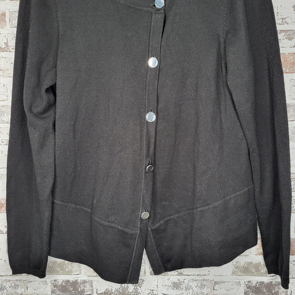 Bianca Nygård Black Mixed Media Button-Front Cardigan (Women's Size L / 14-16)