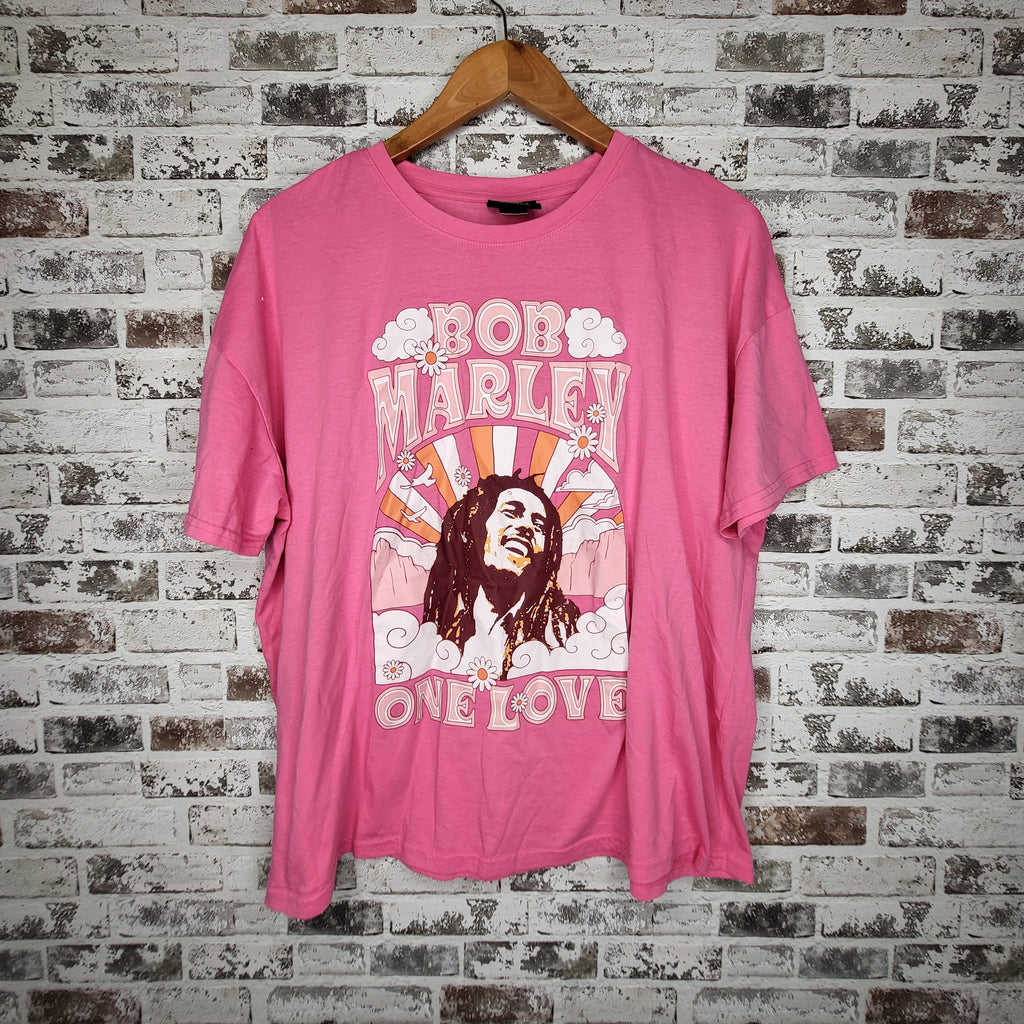 Zion Rootswear pink bob marley graphic t-shirt (Women's Size L)