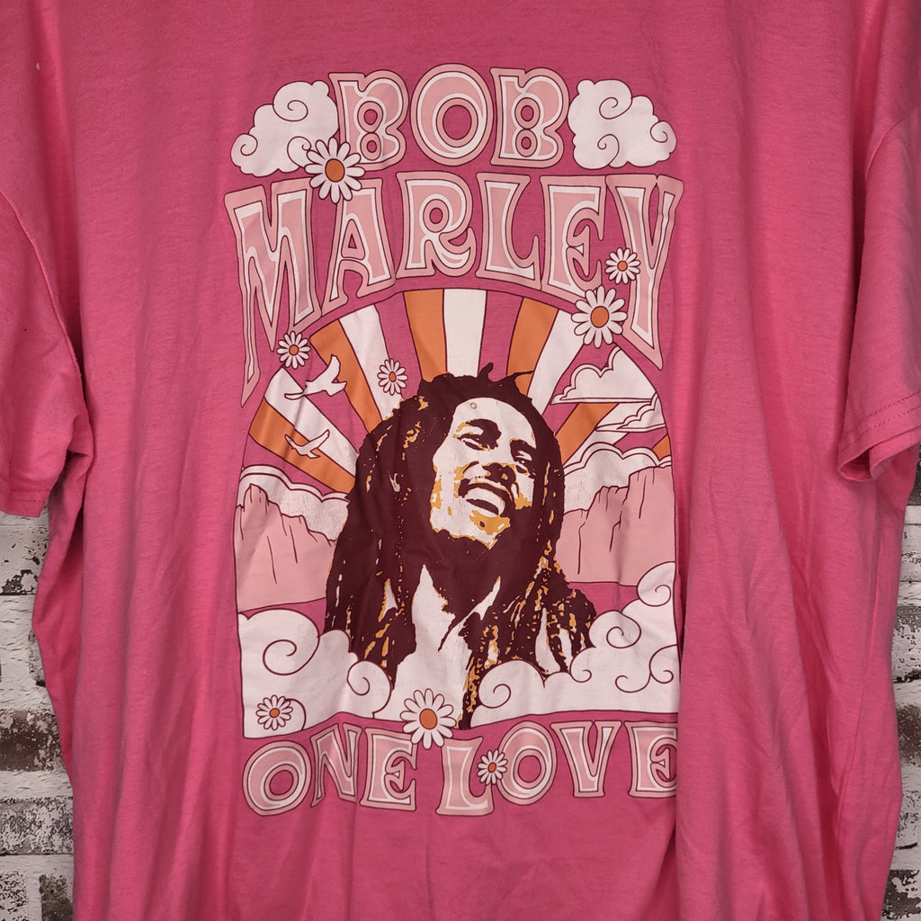 Zion Rootswear pink bob marley graphic t-shirt (Women's Size L)