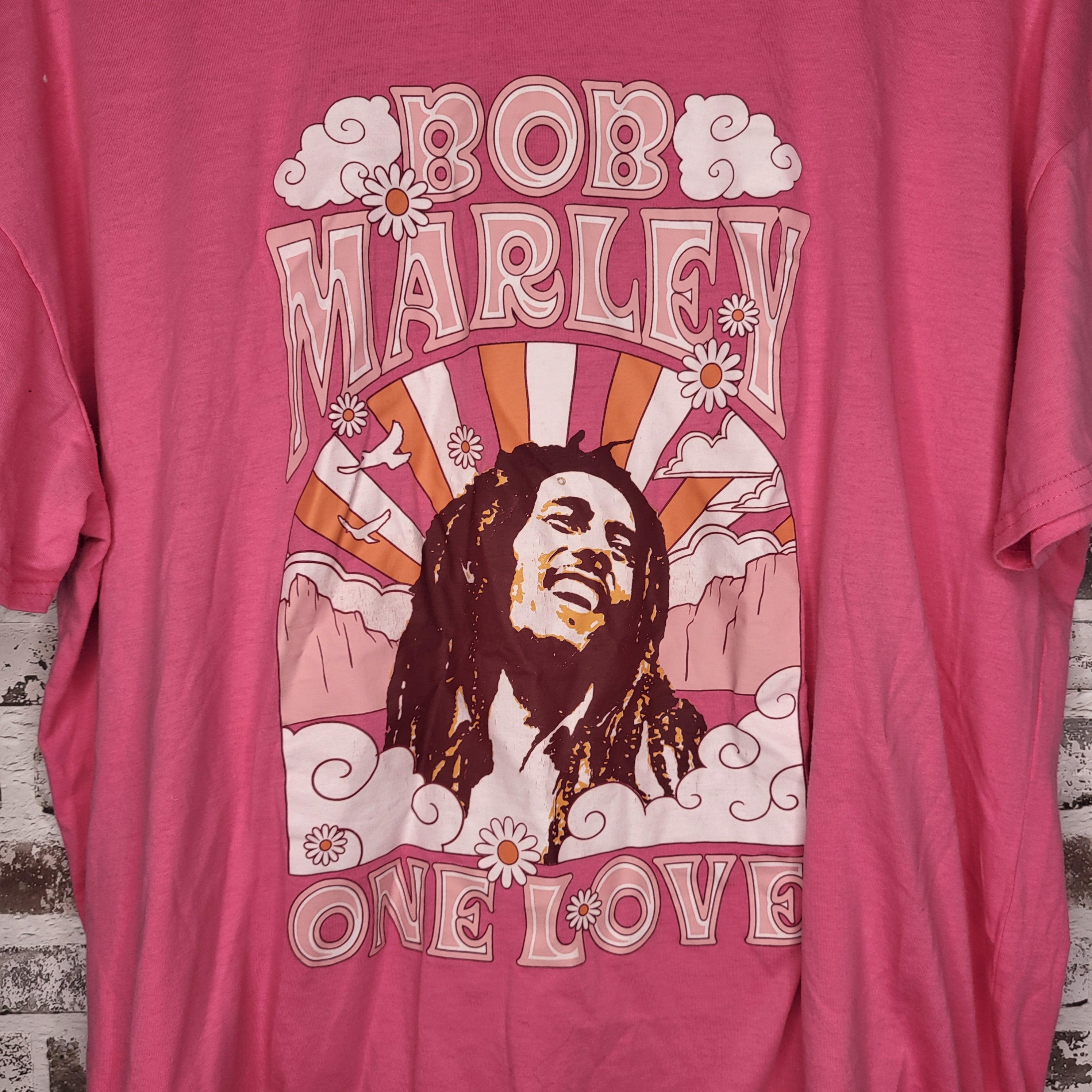 Zion Rootswear pink bob marley graphic t-shirt (Women's Size L)