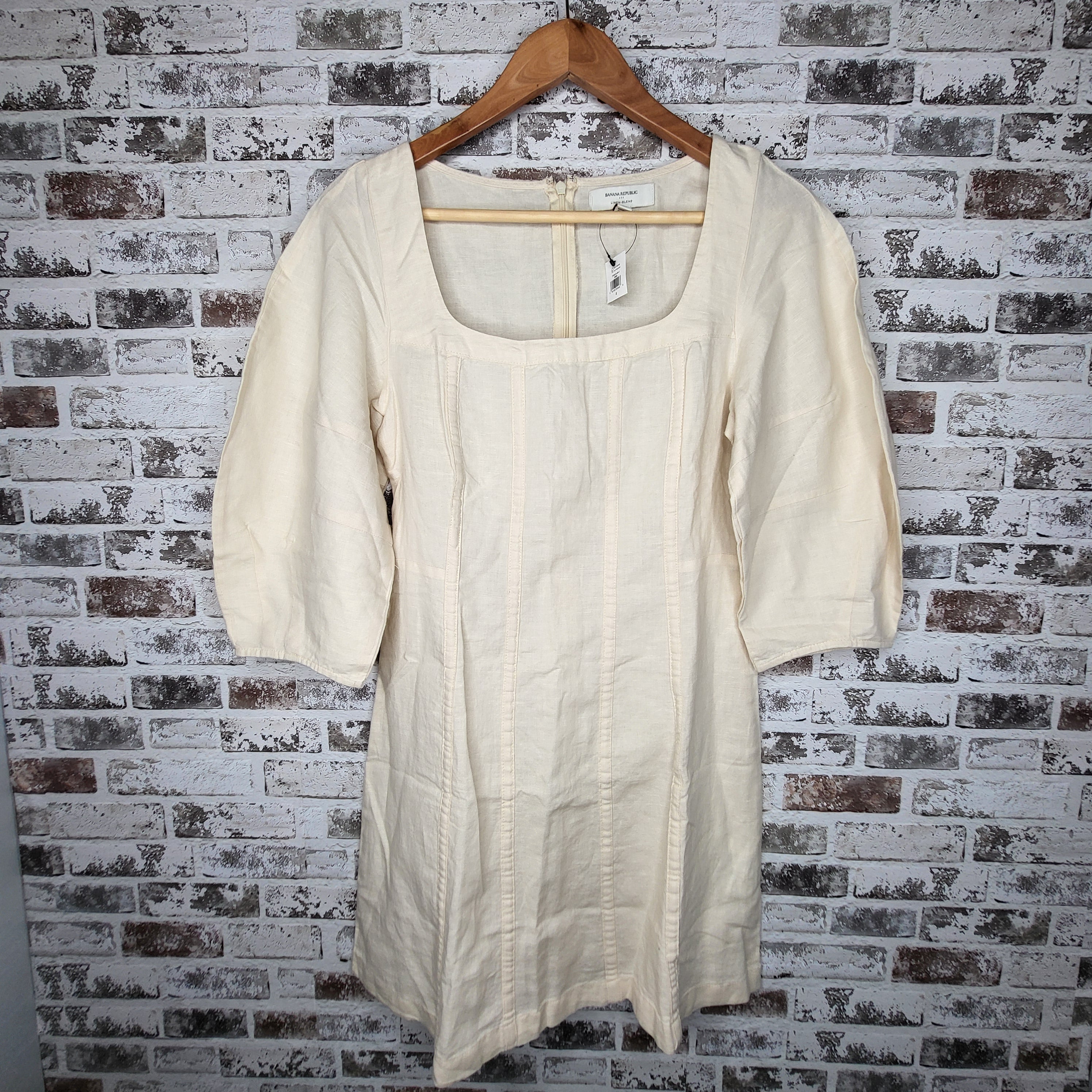 NEW Banana Republic Cream Linen-Blend Square-Neck Pintuck Mini Dress (Women's Size 2)