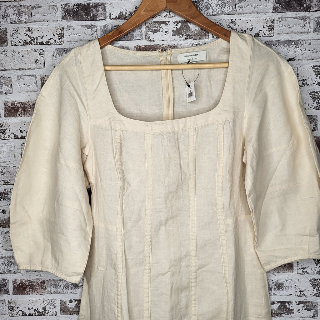 NEW Banana Republic Cream Linen-Blend Square-Neck Pintuck Mini Dress (Women's Size 2)