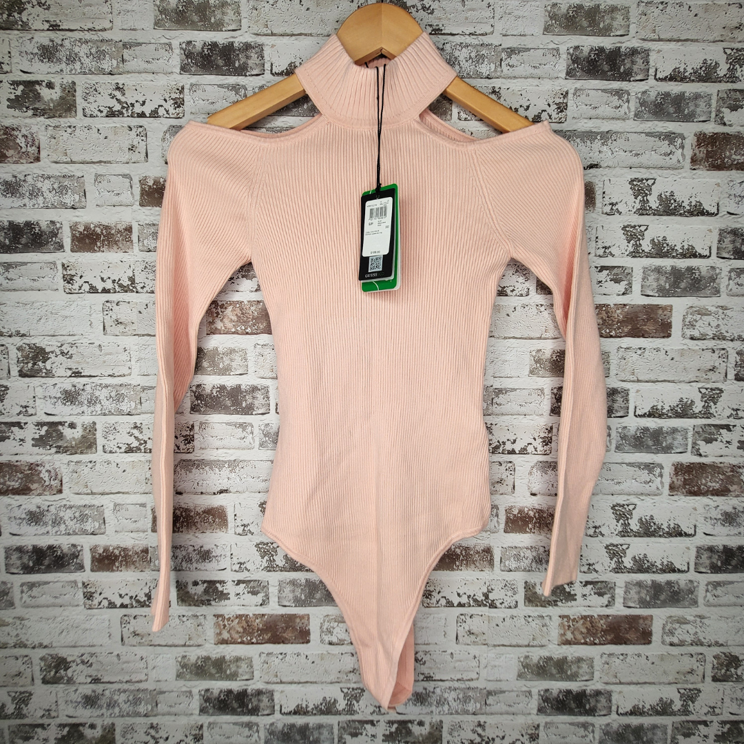 GUESS light pink cold-shoulder ribbed bodysuit (Women's Size S)